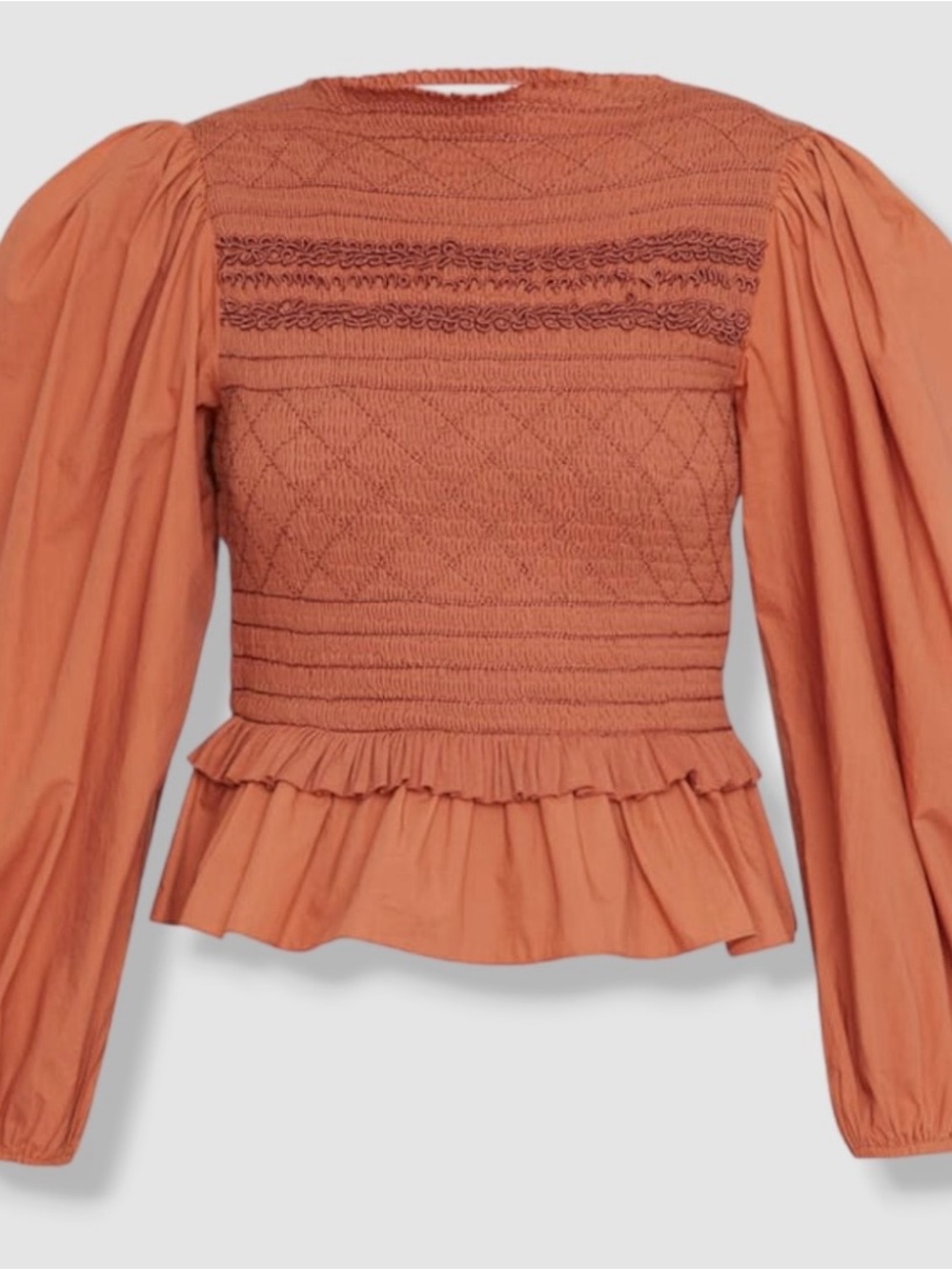 Ulla Johnson Rust Orange Smocked Puff-Sleeve Peplum Blouse